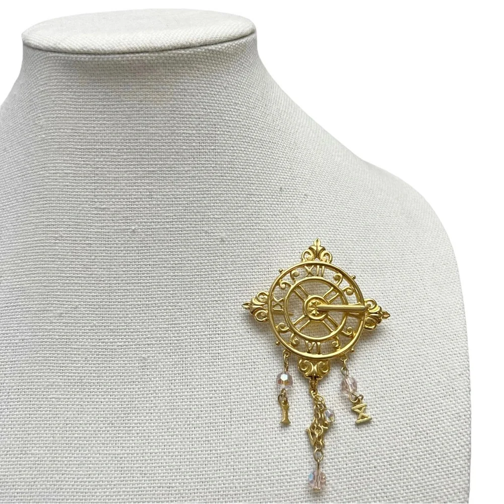 Vtg Kirks Folly Time Celebration Sundial Clock Dangle Crystal Goldtone Brooch - Picture 2 of 7